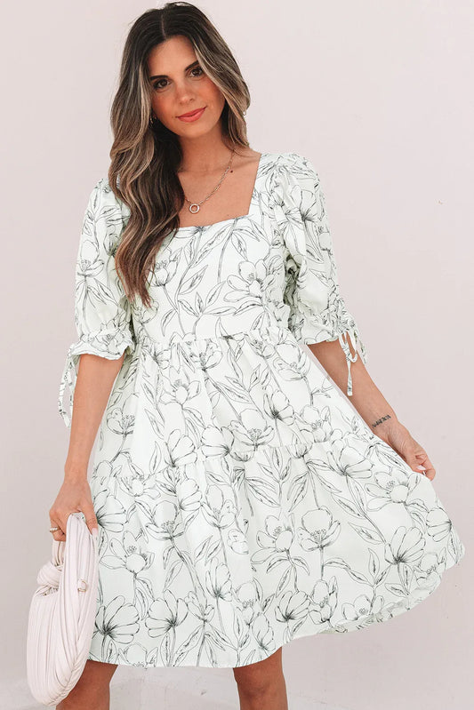 Beige Floral Print Square Neck Shirred Back Puff Sleeve Mini Dress - MarkoFit