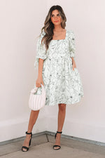 Beige Floral Print Square Neck Shirred Back Puff Sleeve Mini Dress - MarkoFit