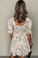 Beige Floral Print Square Neck Shirred Back Puff Sleeve Mini Dress - MarkoFit