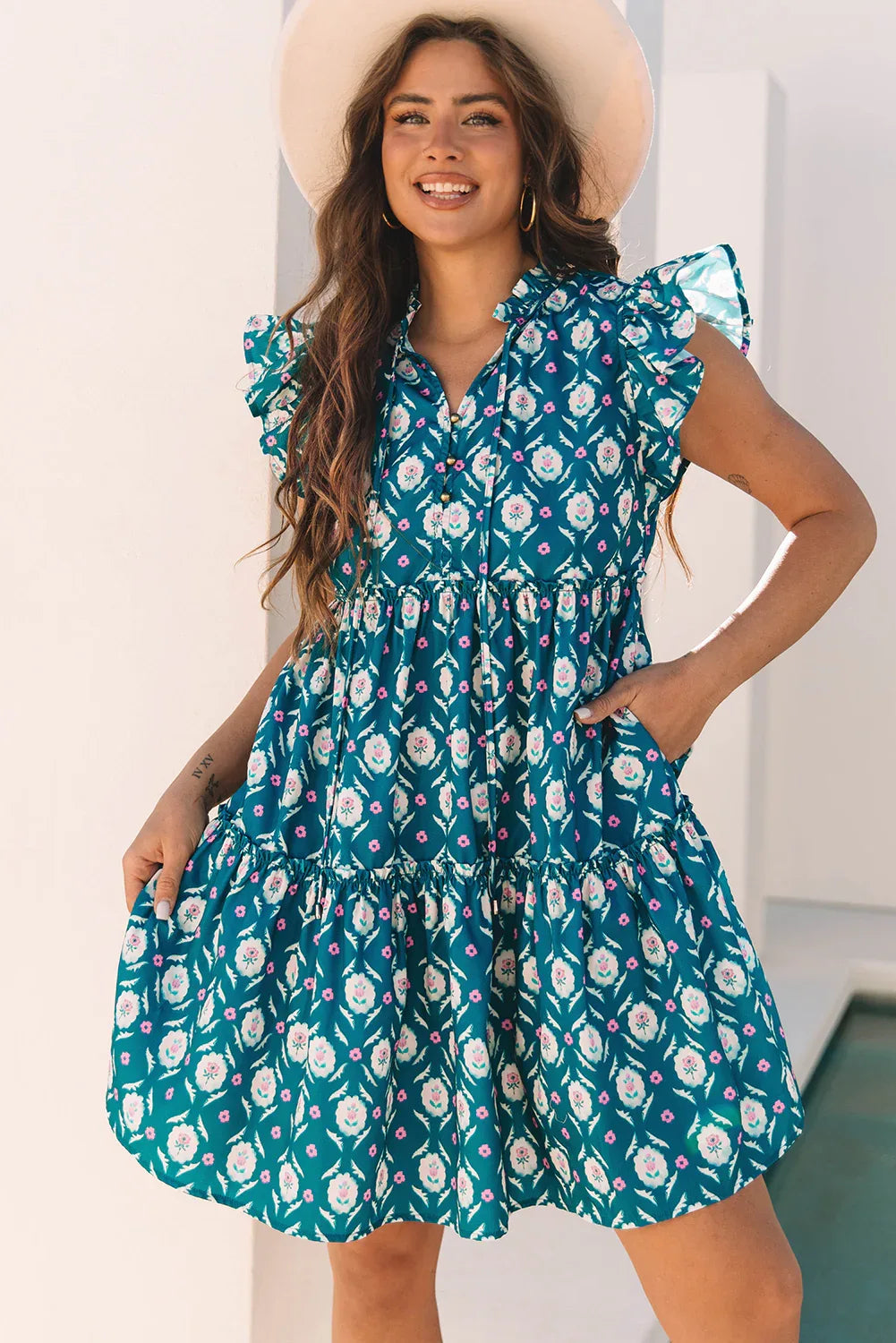 Blue Retro Floral Print Split Neck Ruffle Short Sleeve Dress - MarkoFit