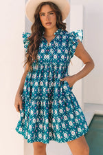 Blue Retro Floral Print Split Neck Ruffle Short Sleeve Dress - MarkoFit