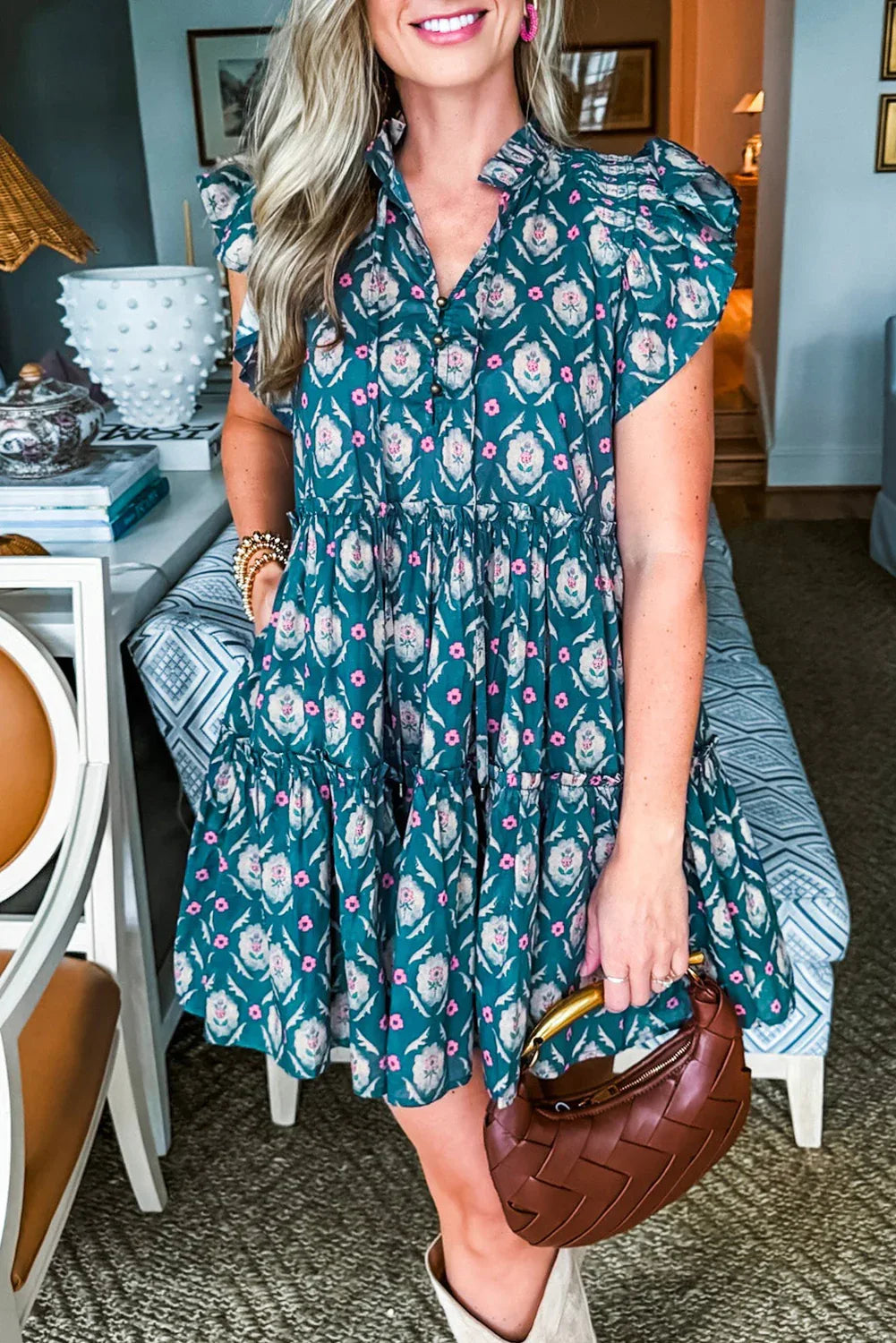 Blue Retro Floral Print Split Neck Ruffle Short Sleeve Dress - MarkoFit