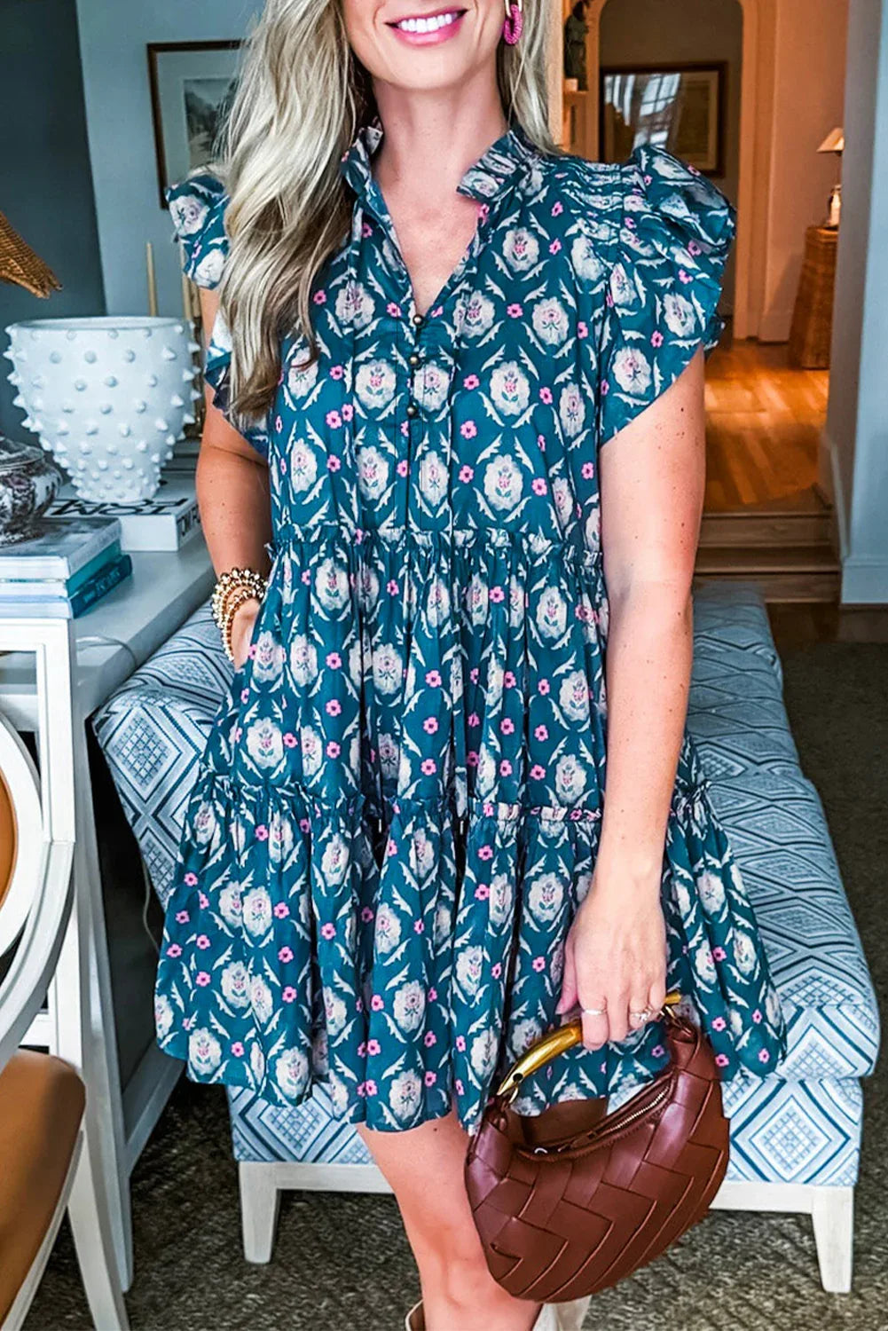 Blue Retro Floral Print Split Neck Ruffle Short Sleeve Dress - MarkoFit