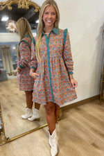 Orange Boho Floral Contrast Collared Shirt Mini Dress - MarkoFit