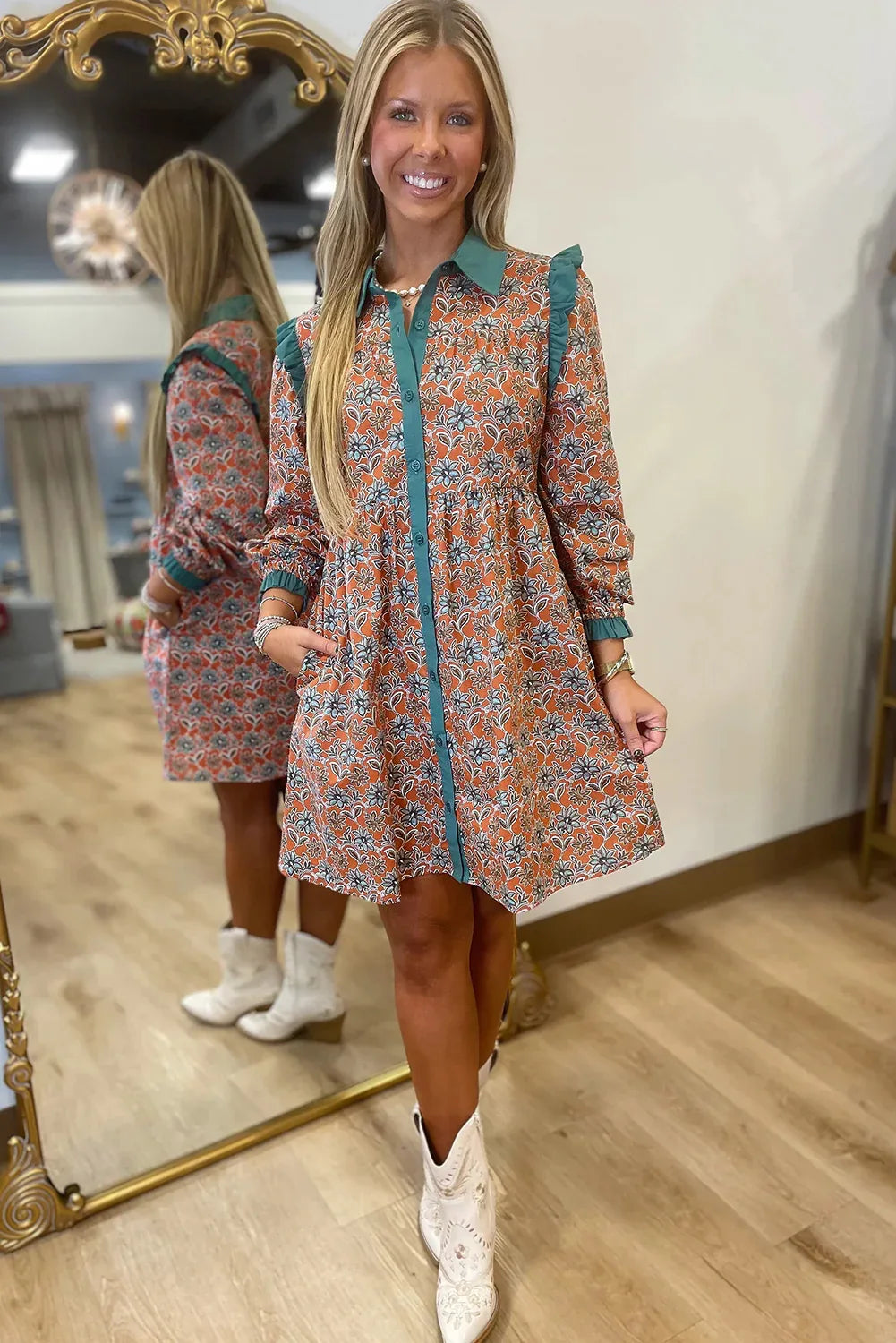 Orange Boho Floral Contrast Collared Shirt Mini Dress - MarkoFit