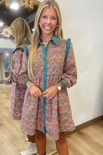Orange Boho Floral Contrast Collared Shirt Mini Dress - MarkoFit