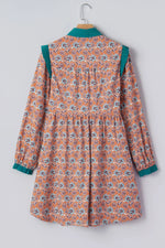 Orange Boho Floral Contrast Collared Shirt Mini Dress - MarkoFit