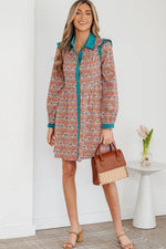 Orange Boho Floral Contrast Collared Shirt Mini Dress - MarkoFit