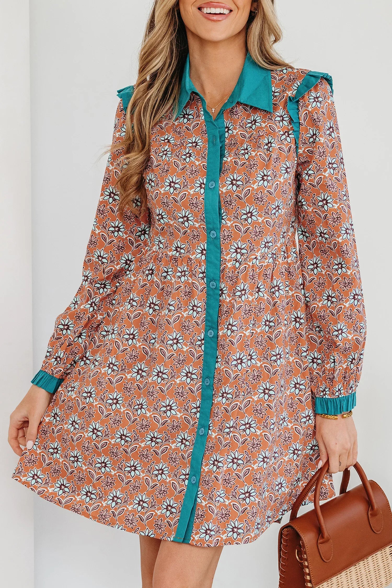 Orange Boho Floral Contrast Collared Shirt Mini Dress - MarkoFit