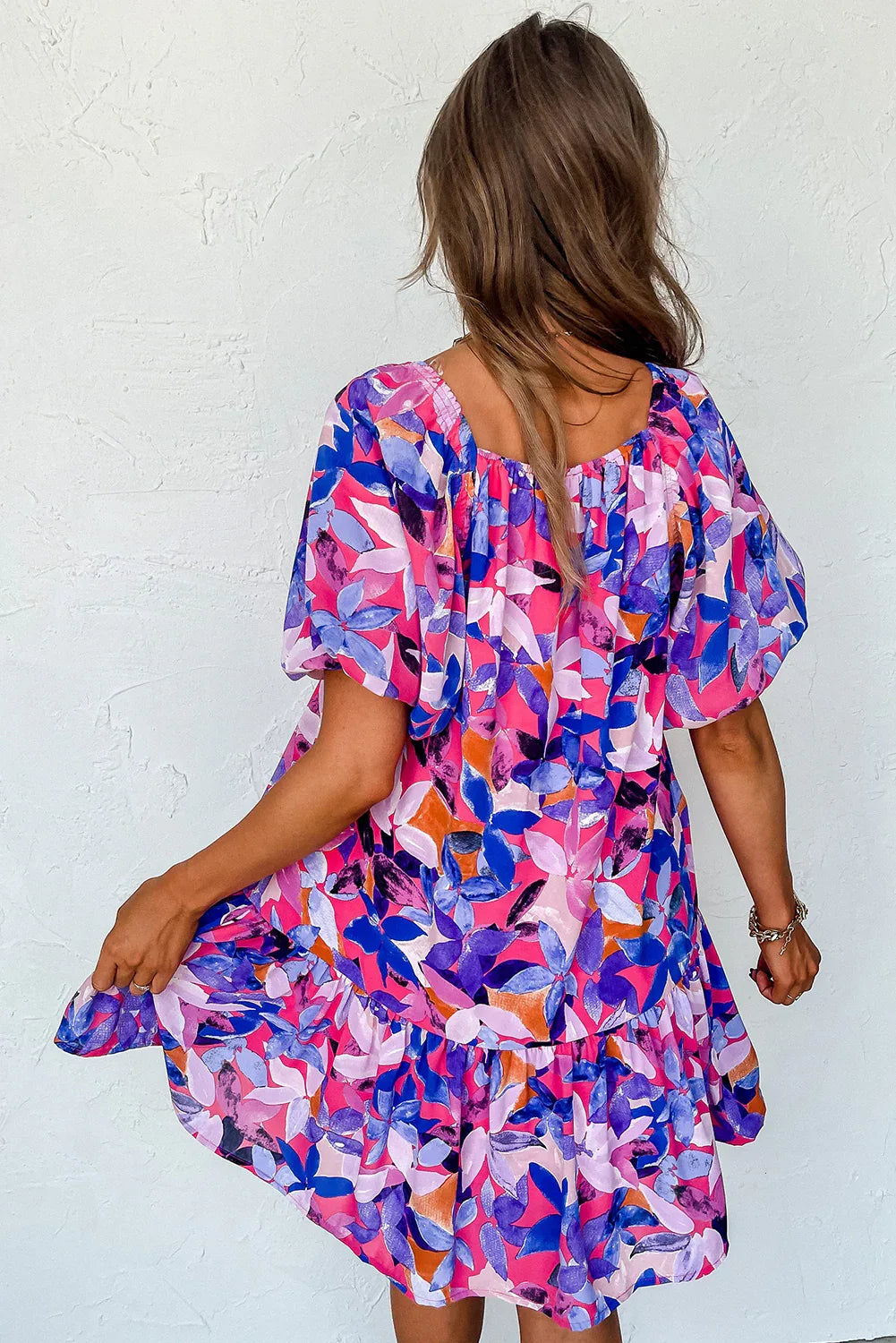 Purple Flower Print Short Puff Sleeve Ruffled Dress - MarkoFit