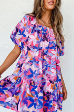 Purple Flower Print Short Puff Sleeve Ruffled Dress - MarkoFit