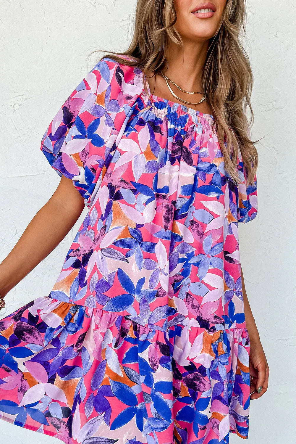 Purple Flower Print Short Puff Sleeve Ruffled Dress - MarkoFit