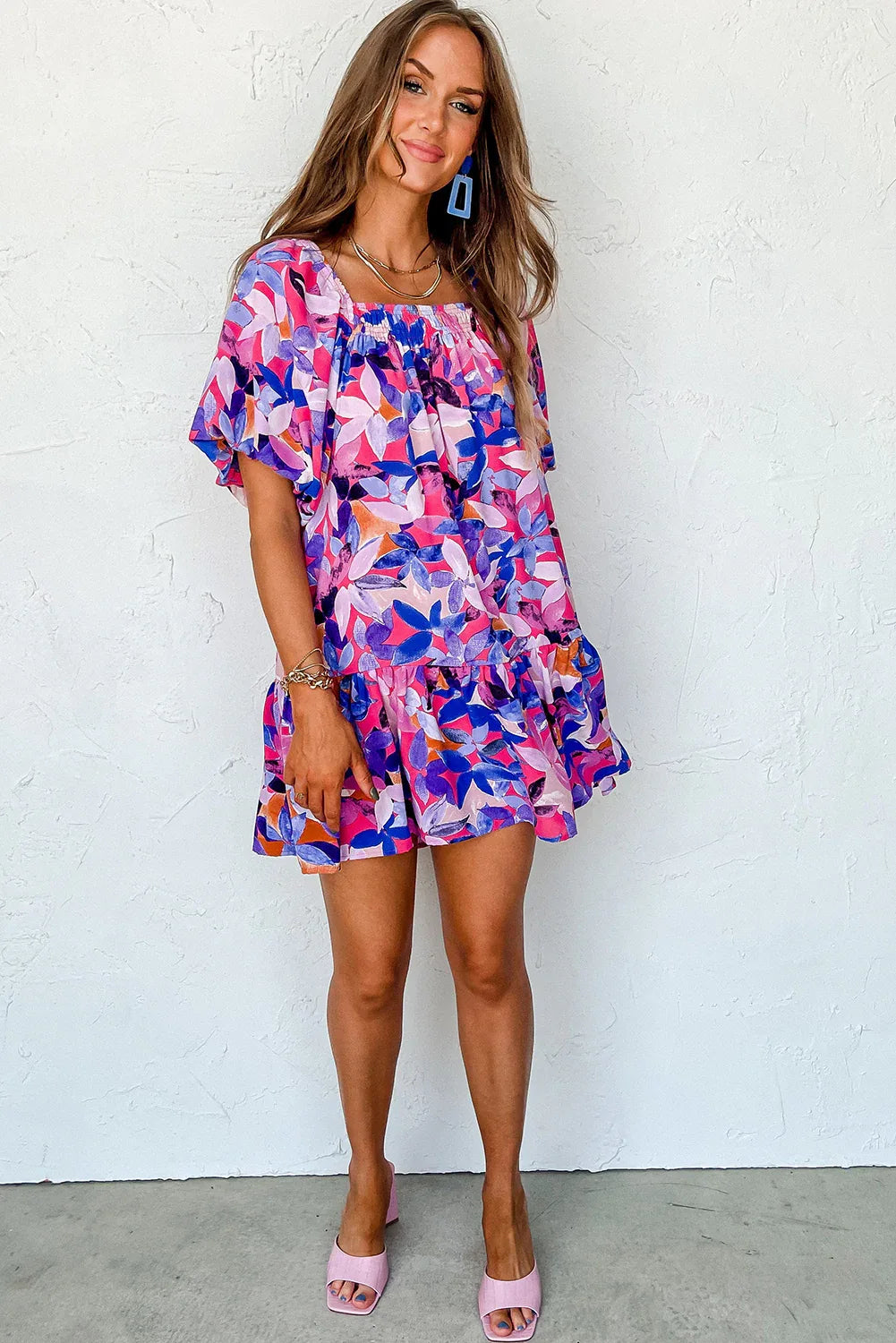 Purple Flower Print Short Puff Sleeve Ruffled Dress - MarkoFit