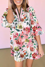 Red Floral Contrast Striped V Neck Puff Half Sleeve Shift Dress - MarkoFit