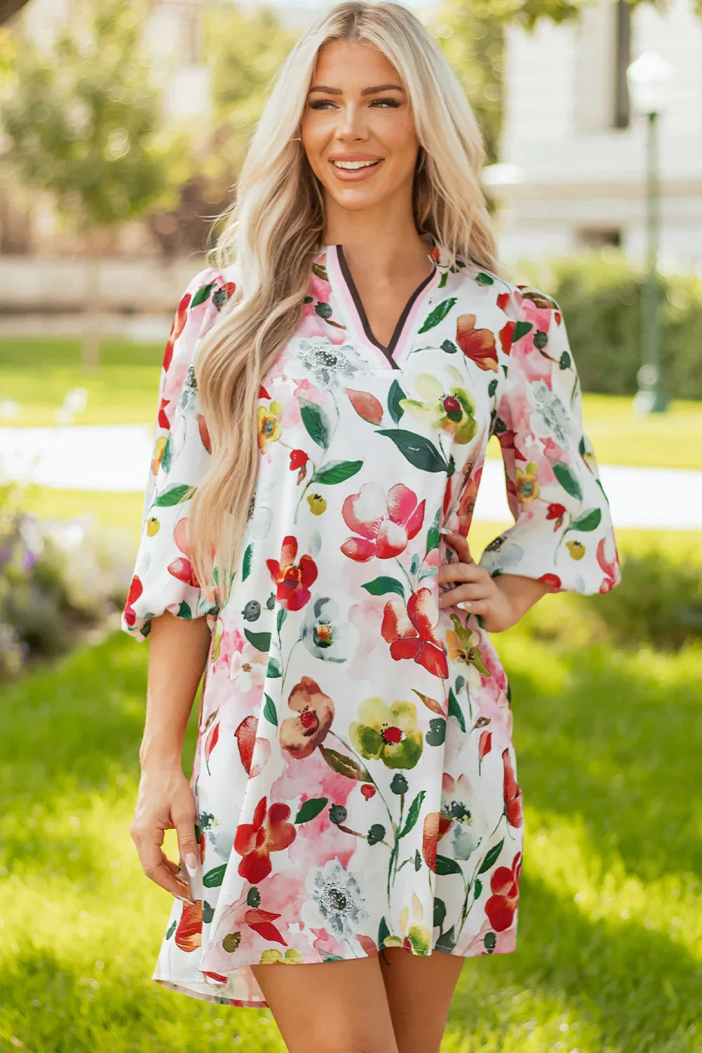 Red Floral Contrast Striped V Neck Puff Half Sleeve Shift Dress - MarkoFit