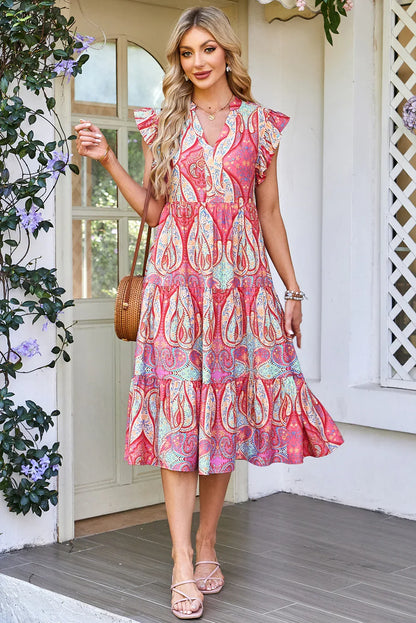 Rose Tribal Paisley Print Ruffled Sleeve Notch Neck Midi Dress - MarkoFit