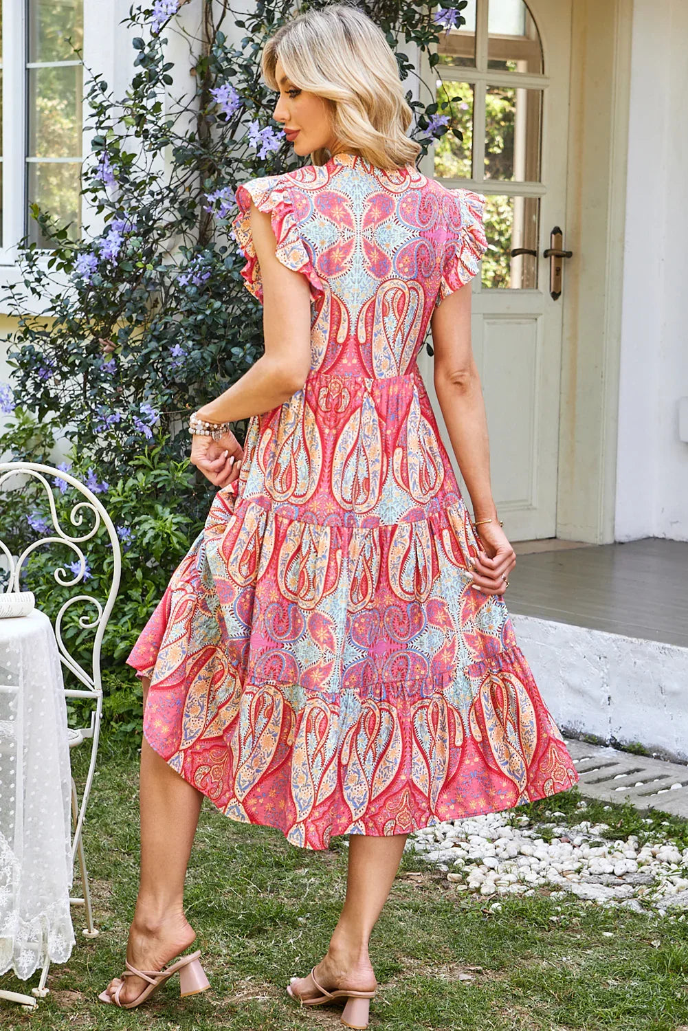 Rose Tribal Paisley Print Ruffled Sleeve Notch Neck Midi Dress - MarkoFit