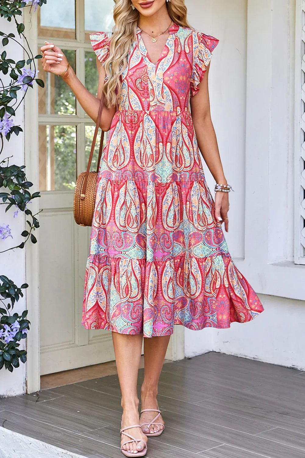 Rose Tribal Paisley Print Ruffled Sleeve Notch Neck Midi Dress - MarkoFit