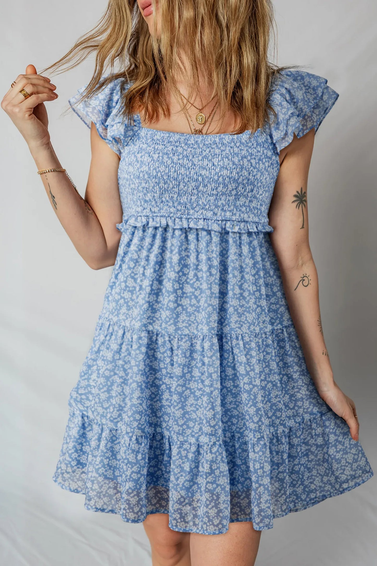 Sky Blue Floral Print Square Neck Flutter Sleeve Smocked Tiered Mini Dress - MarkoFit