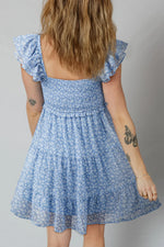Sky Blue Floral Print Square Neck Flutter Sleeve Smocked Tiered Mini Dress - MarkoFit
