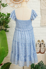 Sky Blue Floral Print Square Neck Flutter Sleeve Smocked Tiered Mini Dress - MarkoFit