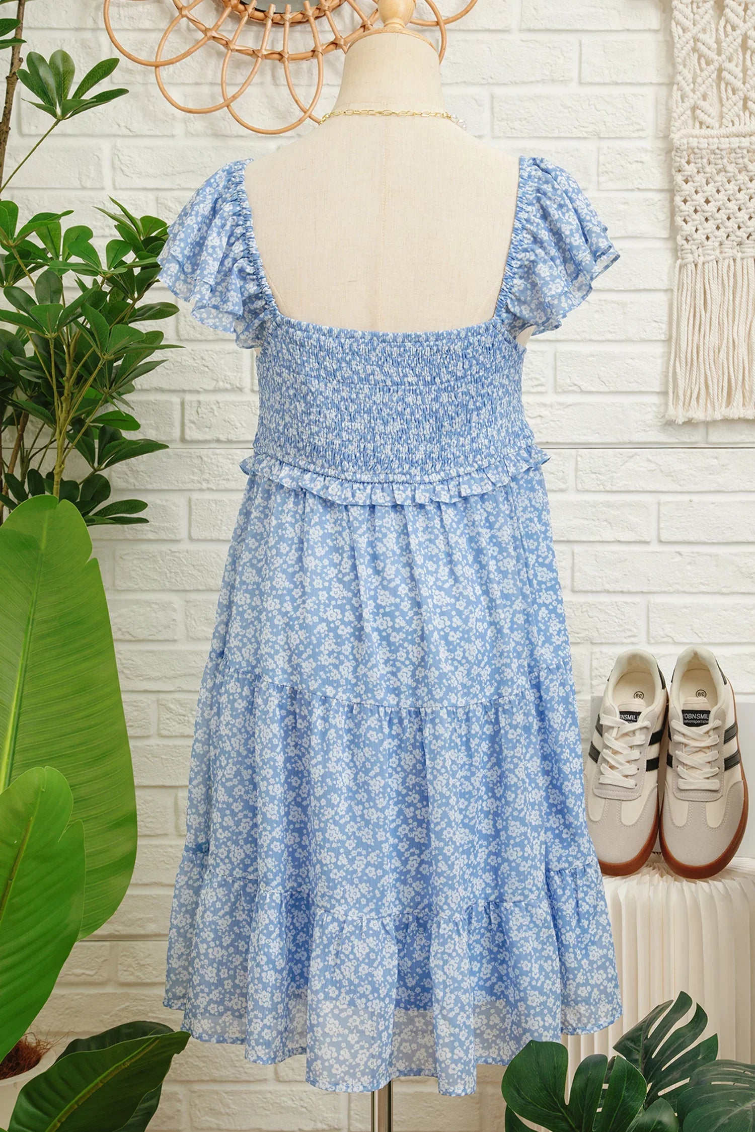 Sky Blue Floral Print Square Neck Flutter Sleeve Smocked Tiered Mini Dress - MarkoFit