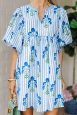 Sky Blue Floral Striped Print Tie Notched Neck Puff Sleeve Flared Mini Dress - MarkoFit