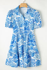 Sky Blue Retro Floral Print Drawstring Waist Ruffled Mini Dress - MarkoFit
