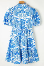 Sky Blue Retro Floral Print Drawstring Waist Ruffled Mini Dress - MarkoFit