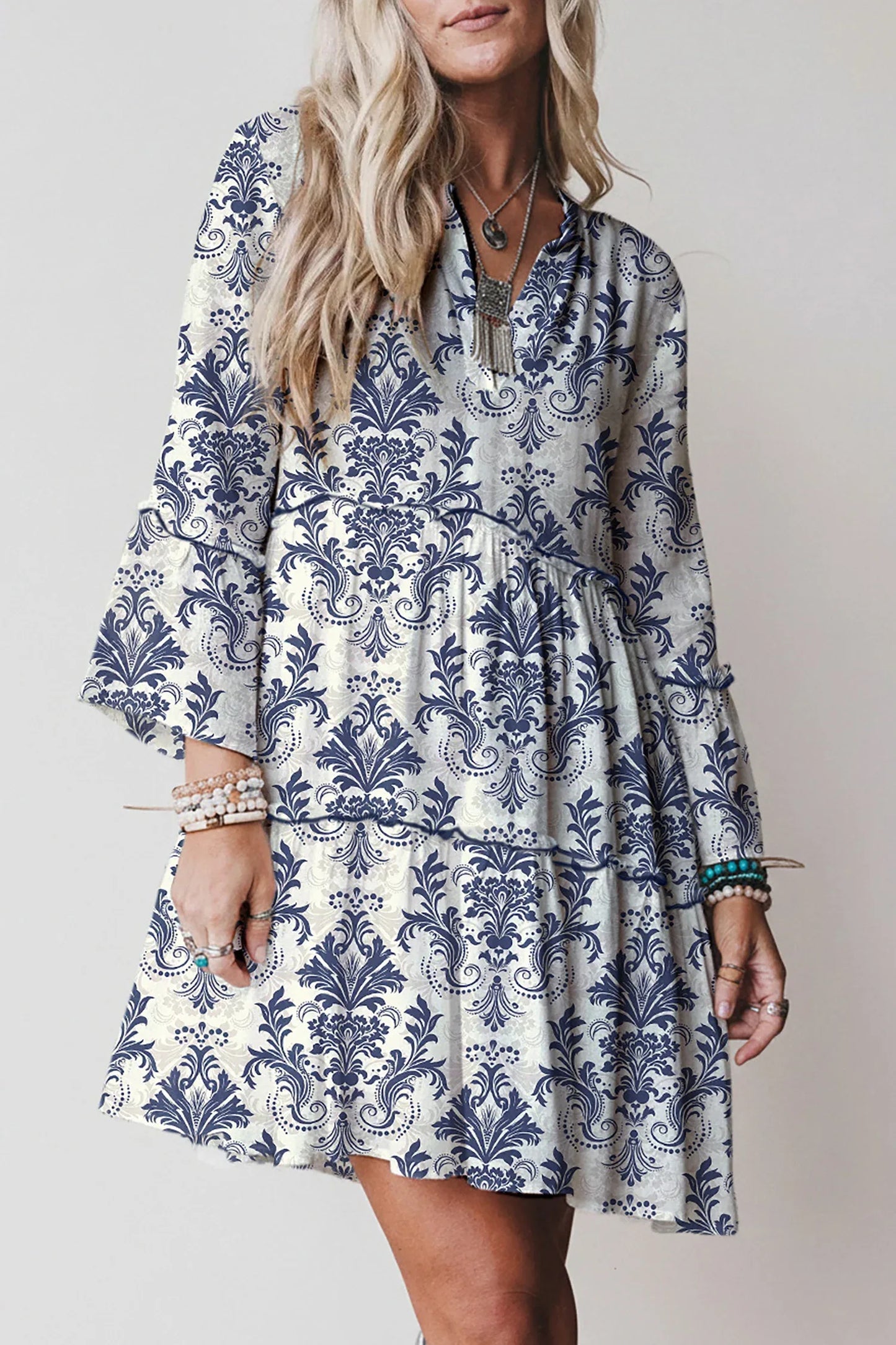 Sky Blue Boho Floral Print Lettuce Trim 3/4 Sleeve Mini Dress - MarkoFit