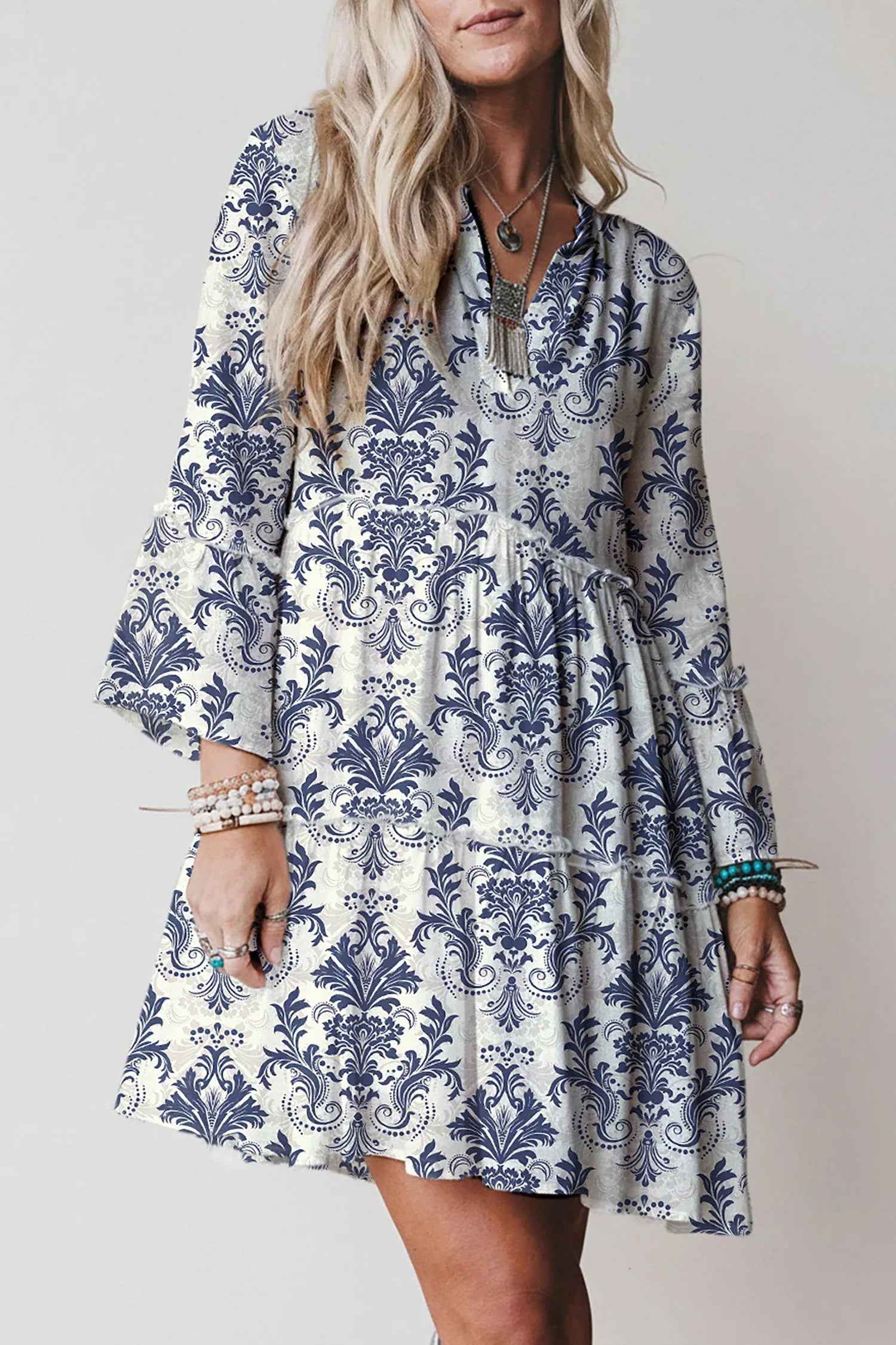 Sky Blue Boho Floral Print Lettuce Trim 3/4 Sleeve Mini Dress - MarkoFit
