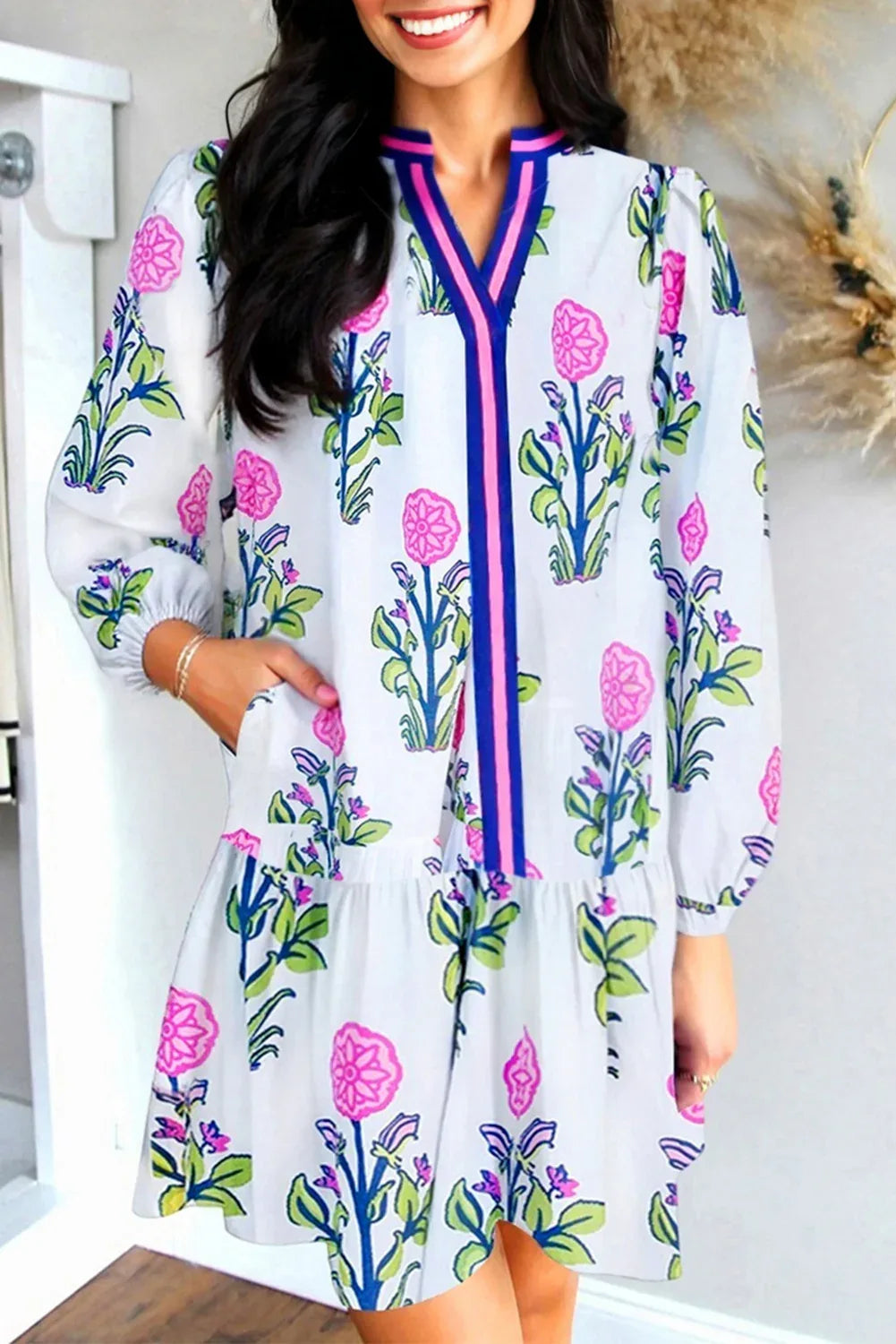 White Floral Print Contrast Striped Trim Notched Neck Long Sleeve Dress - MarkoFit