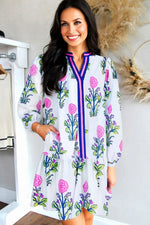 White Floral Print Contrast Striped Trim Notched Neck Long Sleeve Dress - MarkoFit