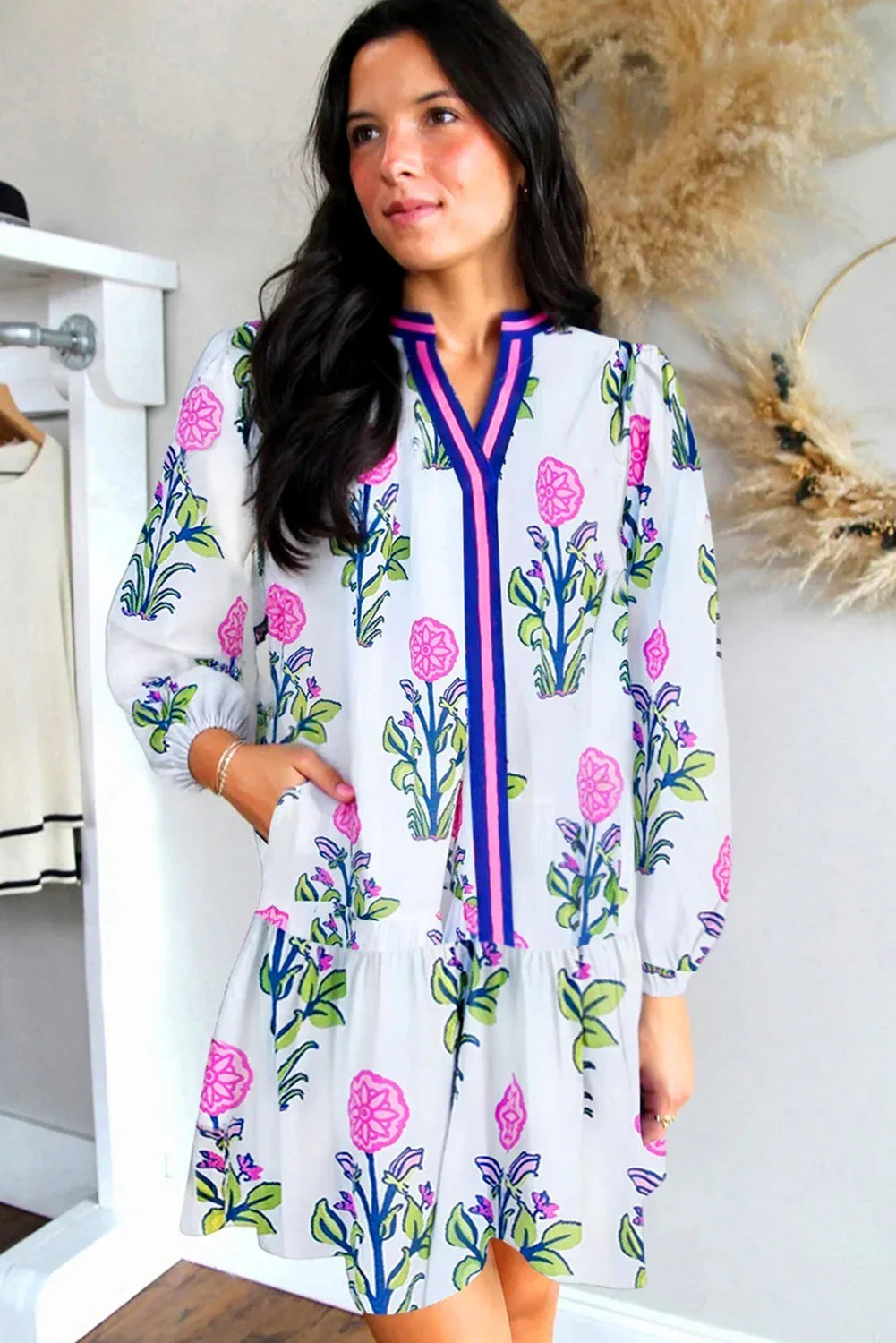 White Floral Print Contrast Striped Trim Notched Neck Long Sleeve Dress - MarkoFit