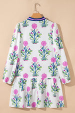 White Floral Print Contrast Striped Trim Notched Neck Long Sleeve Dress - MarkoFit