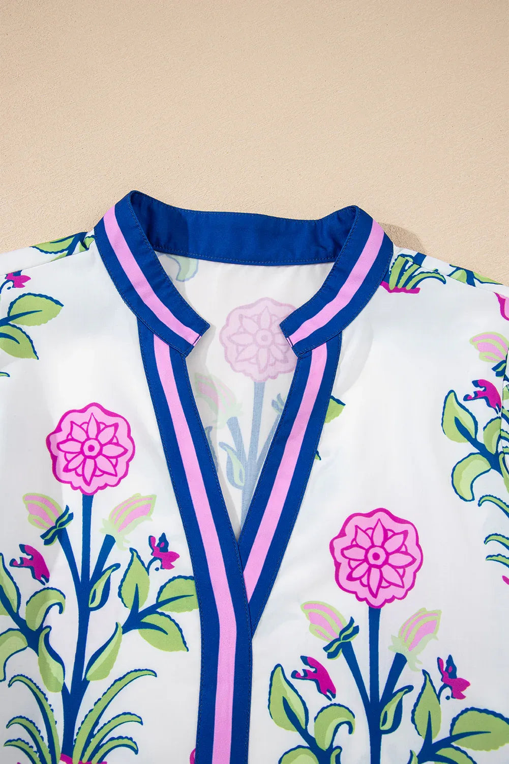 White Floral Print Contrast Striped Trim Notched Neck Long Sleeve Dress - MarkoFit