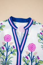 White Floral Print Contrast Striped Trim Notched Neck Long Sleeve Dress - MarkoFit