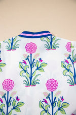 White Floral Print Contrast Striped Trim Notched Neck Long Sleeve Dress - MarkoFit