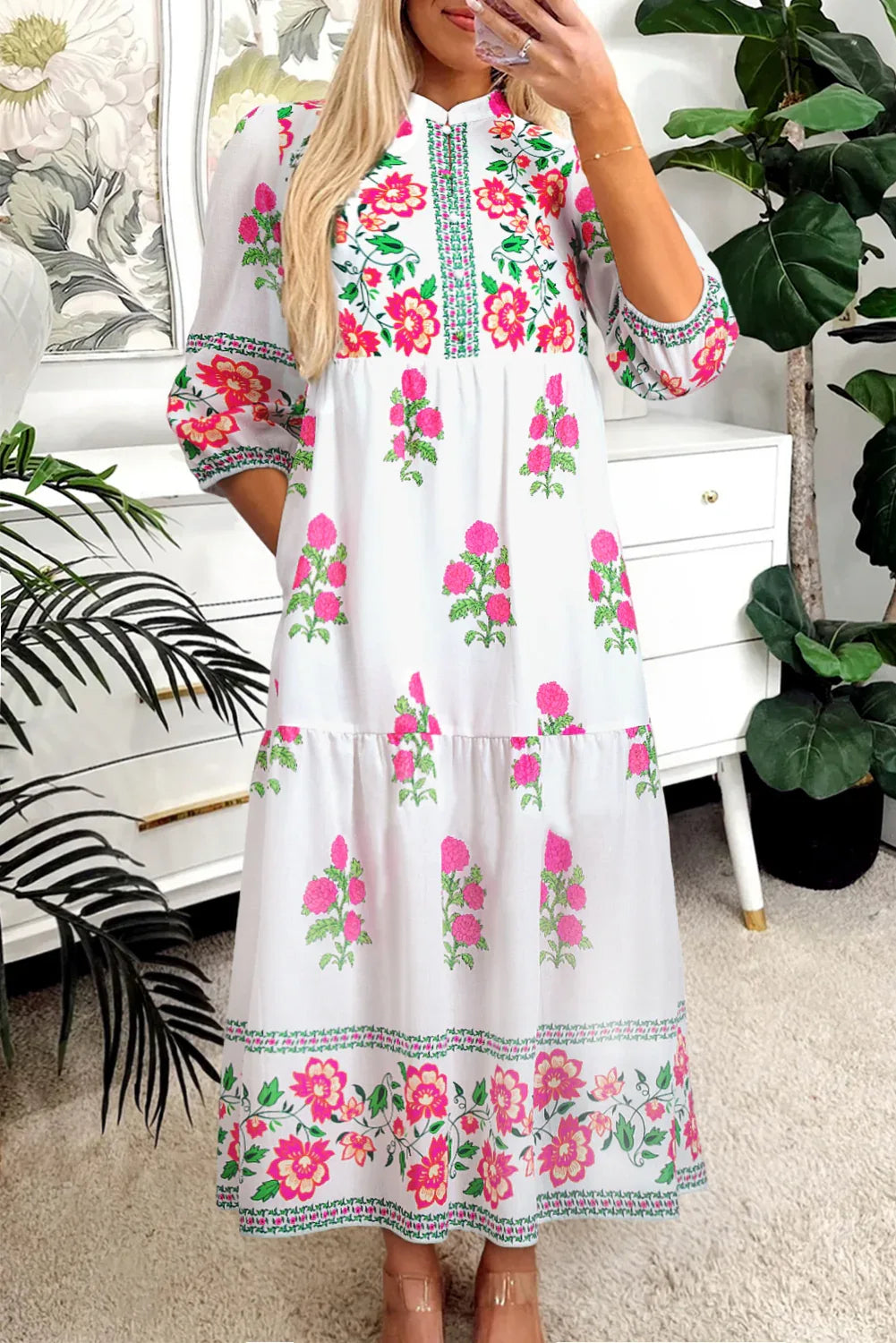 White Floral Print Half Button Mandarin Neck 3/4 Sleeve Maxi Dress - MarkoFit