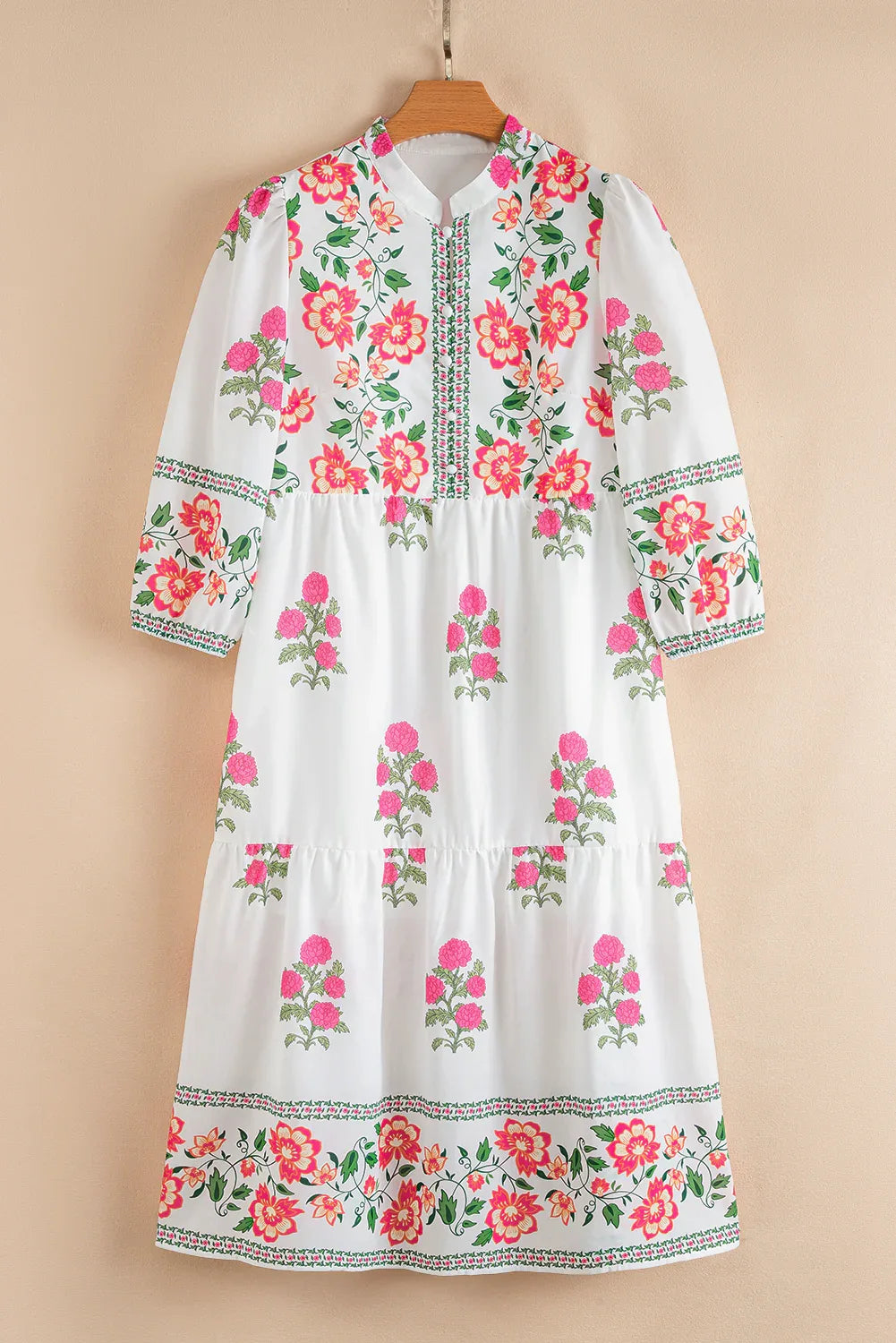 White Floral Print Half Button Mandarin Neck 3/4 Sleeve Maxi Dress - MarkoFit