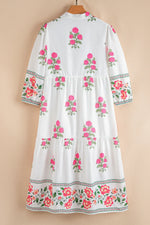 White Floral Print Half Button Mandarin Neck 3/4 Sleeve Maxi Dress - MarkoFit