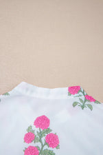 White Floral Print Half Button Mandarin Neck 3/4 Sleeve Maxi Dress - MarkoFit