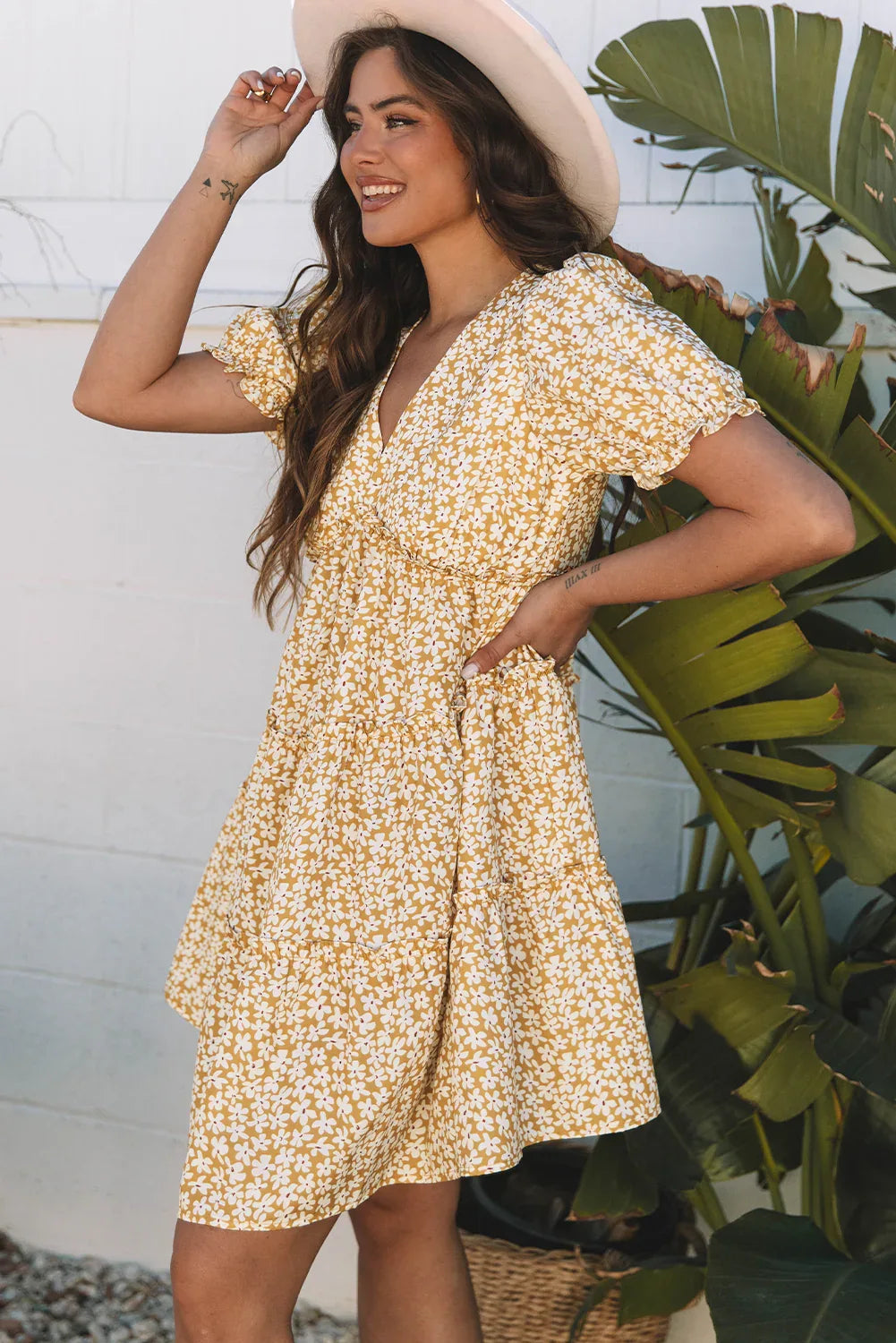 Yellow Floral Short Sleeve V Neck Frilly Tiered Mini Dress - MarkoFit