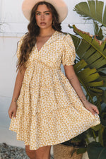 Yellow Floral Short Sleeve V Neck Frilly Tiered Mini Dress - MarkoFit