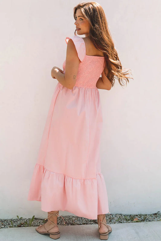 Pink V Neck Flutter Sleeve Smocked Bodice High Waist Ruffle Maxi Dress - MarkoFit