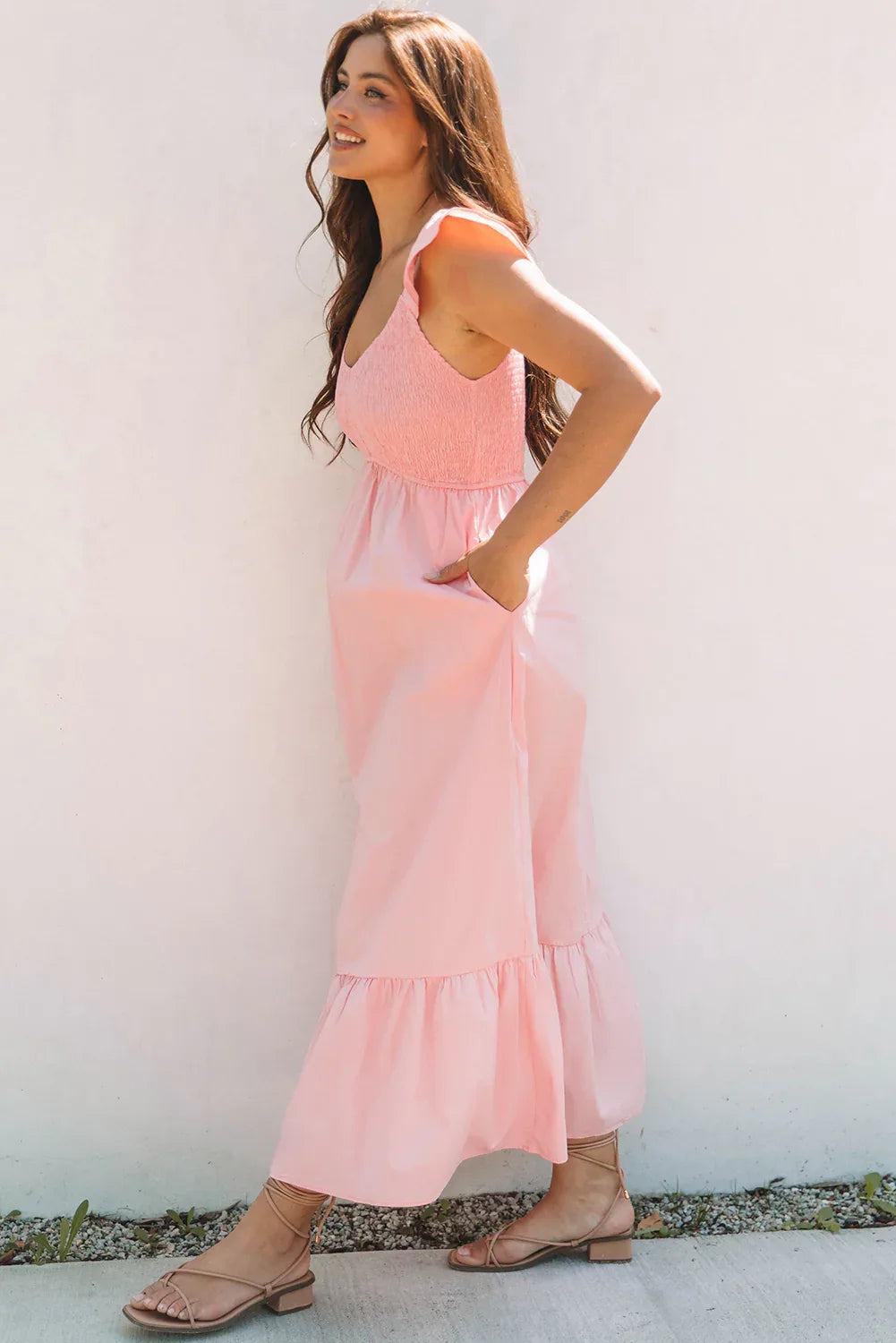Pink V Neck Flutter Sleeve Smocked Bodice High Waist Ruffle Maxi Dress - MarkoFit