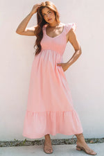 Pink V Neck Flutter Sleeve Smocked Bodice High Waist Ruffle Maxi Dress - MarkoFit