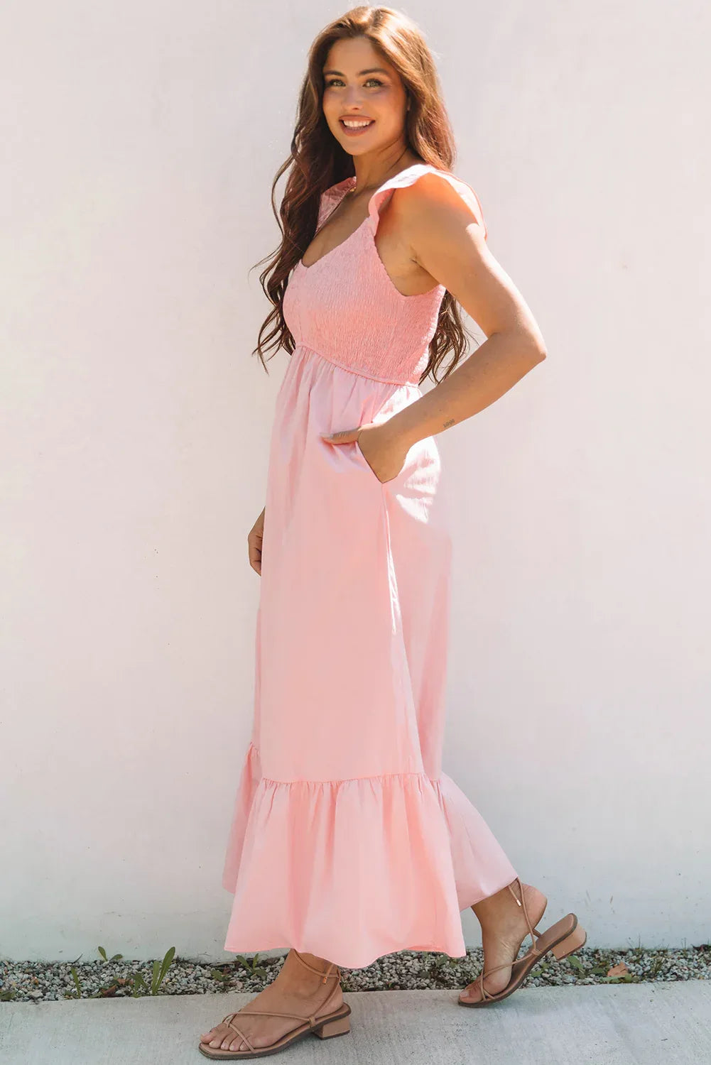 Pink V Neck Flutter Sleeve Smocked Bodice High Waist Ruffle Maxi Dress - MarkoFit