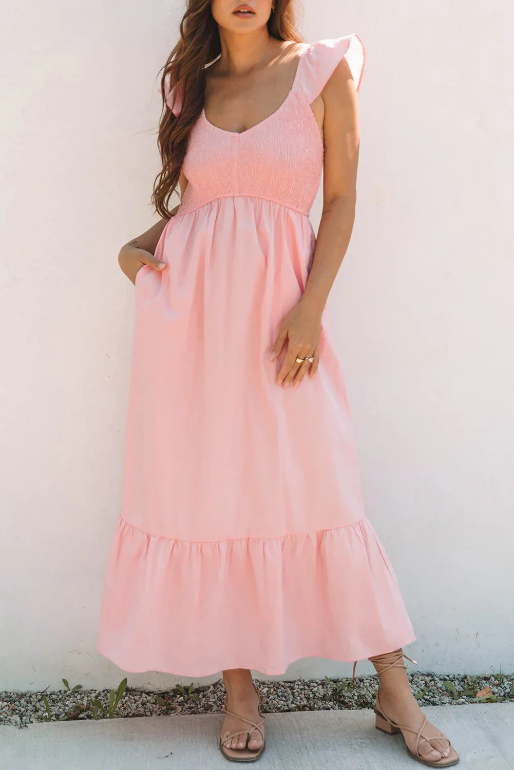 Pink V Neck Flutter Sleeve Smocked Bodice High Waist Ruffle Maxi Dress - MarkoFit