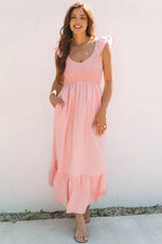 Pink V Neck Flutter Sleeve Smocked Bodice High Waist Ruffle Maxi Dress - MarkoFit